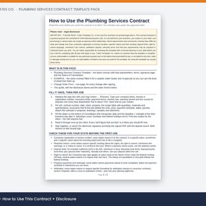 May include: A white document titled How to Use the Plumbing Services Contract from Trade Templates Co. The page contains a legal disclosure box, a list of included items, instructions for filling out the contract per job, and a checklist for state compliance.