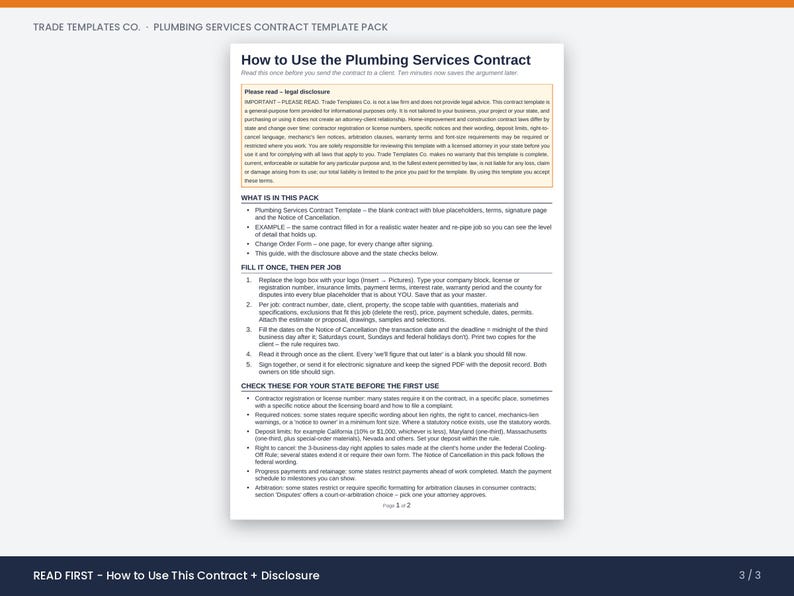 May include: A white document titled How to Use the Plumbing Services Contract from Trade Templates Co. The page contains a legal disclosure box, a list of included items, instructions for filling out the contract per job, and a checklist for state compliance.