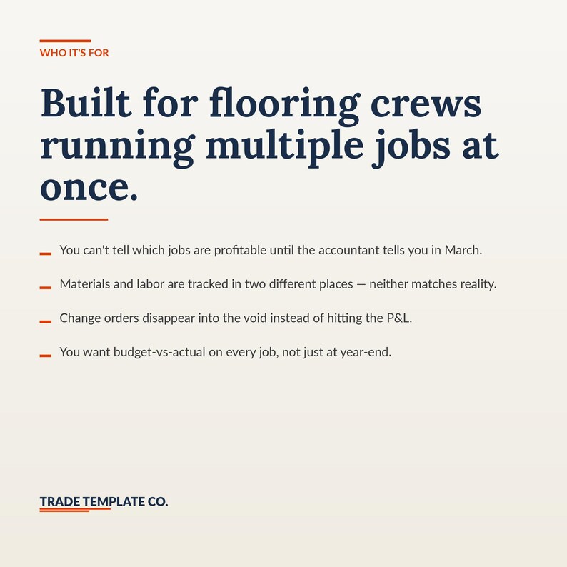 Pode incluir: Um gr&aacute;fico informativo branco com texto azul escuro que diz: WHO IT'S FOR, Built for flooring crews running multiple jobs at once, e quatro pontos detalhando desafios de neg&oacute;cios, terminando com o texto TRADE TEMPLATE CO.