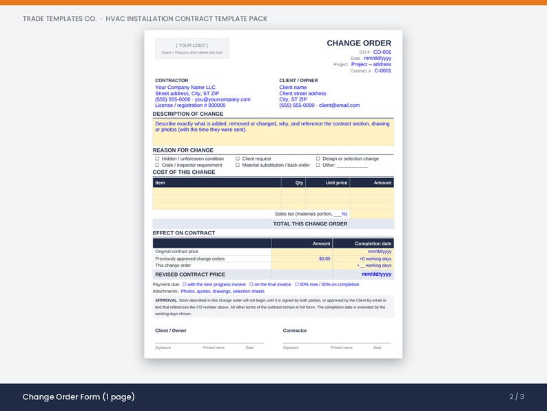 May include: A white HVAC installation change order form template with dark blue text and headers. The document includes sections for contractor and client information, description of change, cost breakdown, and signature lines for formal approval.