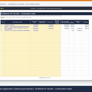 May include: A digital spreadsheet titled SCHEDULE OF VALUES - continuation sheet, displaying construction project data. The table includes columns for item descriptions, scheduled values, and progress tracking, with yellow input cells and white calculation cells.