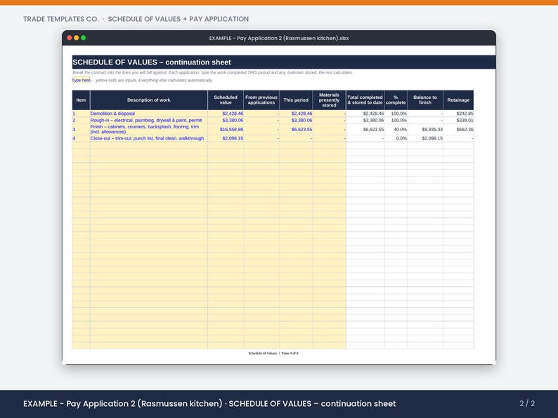 May include: A digital spreadsheet titled SCHEDULE OF VALUES - continuation sheet, displaying construction project data. The table includes columns for item descriptions, scheduled values, and progress tracking, with yellow input cells and white calculation cells.