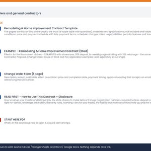 May include: A digital document bundle for remodelers and contractors containing a five-page Remodeling & Home Improvement Contract Template, a filled example, a Change Order Form, a How to Use This Contract guide, and a Start Here PDF file.