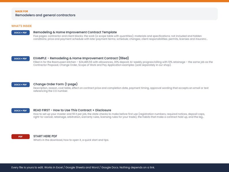May include: A digital document bundle for remodelers and contractors containing a five-page Remodeling & Home Improvement Contract Template, a filled example, a Change Order Form, a How to Use This Contract guide, and a Start Here PDF file.