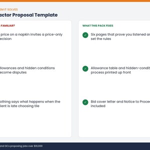 May include: A digital document titled Contractor Proposal Template. The left column, labeled Sounds Familiar?, lists three common business problems with red X icons. The right column, labeled What This Fixes, lists three solutions with green check marks.