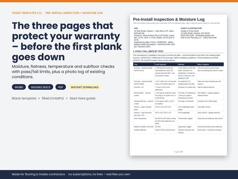 May include: A digital document template titled Pre-Install Inspection & Moisture Log. The text includes Trade Templates Co., The three pages that protect your warranty, and a table detailing test limits for flooring installation and moisture.