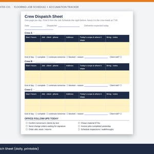 Preview of the filled example in the Flooring Job Schedule + Acclimation Tracker, showing a real job.