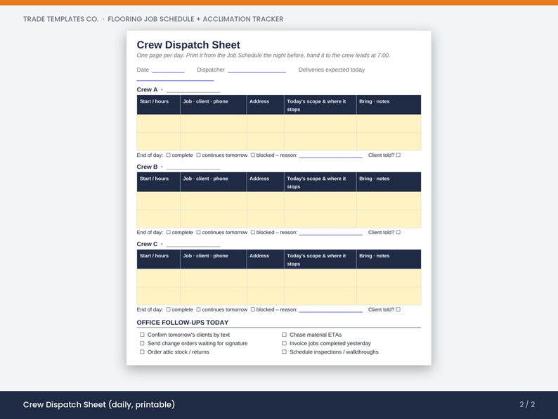 Preview of the filled example in the Flooring Job Schedule + Acclimation Tracker, showing a real job.