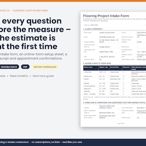 May include: A digital flooring project intake form template featuring sections for client property details, room specifications, and subfloor conditions. The document includes text fields for contact information, room dimensions, and notes, available in Word, Google Docs, and PDF.