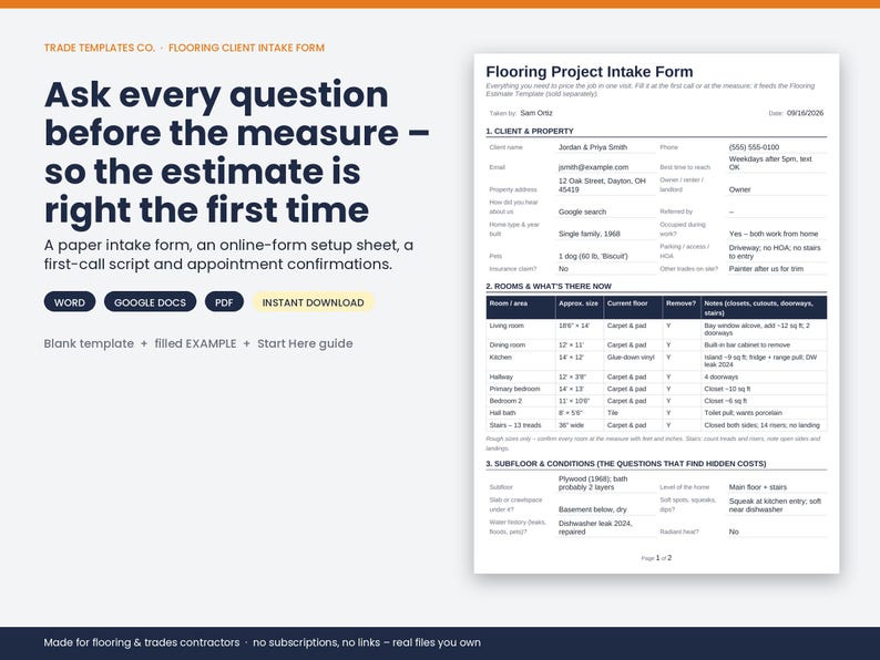 May include: A digital flooring project intake form template featuring sections for client property details, room specifications, and subfloor conditions. The document includes text fields for contact information, room dimensions, and notes, available in Word, Google Docs, and PDF.