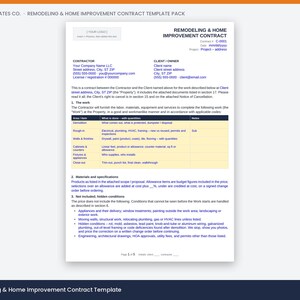 May include: A white document titled Remodeling & Home Improvement Contract with blue text. It includes sections for contractor and client information, a scope of work table with yellow highlights, and detailed terms regarding materials and exclusions.