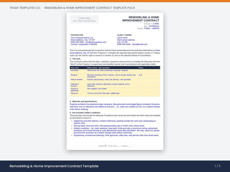May include: A white document titled Remodeling & Home Improvement Contract with blue text. It includes sections for contractor and client information, a scope of work table with yellow highlights, and detailed terms regarding materials and exclusions.