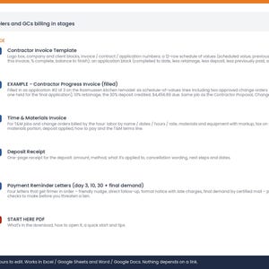 May include: A digital document bundle for remodelers and general contractors featuring a Contractor Invoice Template, a filled example, a Time & Materials Invoice, a Deposit Receipt, Payment Reminder Letters, and a Start Here PDF guide.