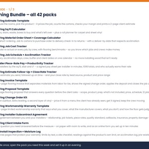 May include: A digital document list titled Everything Bundle - all 42 packs, featuring numbered items from 01 to 19. Each entry includes a bold heading like Flooring Estimate Template and a brief description of its function for flooring contractors.