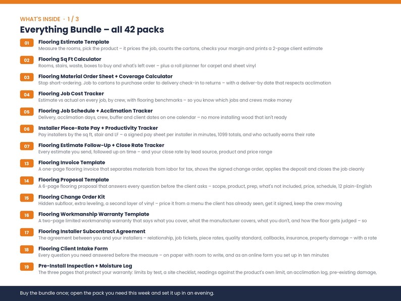 May include: A digital document list titled Everything Bundle - all 42 packs, featuring numbered items from 01 to 19. Each entry includes a bold heading like Flooring Estimate Template and a brief description of its function for flooring contractors.