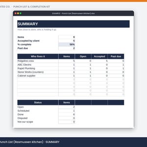 May include: A digital spreadsheet template titled Trade Templates Co. Punch List & Completion Kit. The document displays a summary table for a kitchen project, tracking items, client acceptance, completion percentage, and past due tasks by contractor.