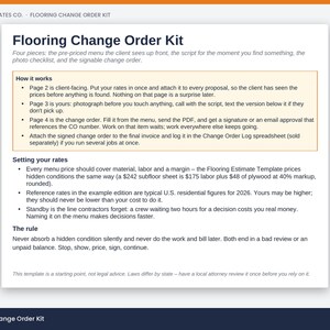 May include: A white document titled Flooring Change Order Kit from Trade Templates Co. The page outlines instructions for a four-piece kit, including a client-facing menu, a script, a photo checklist, and a signable change order form for contractors.