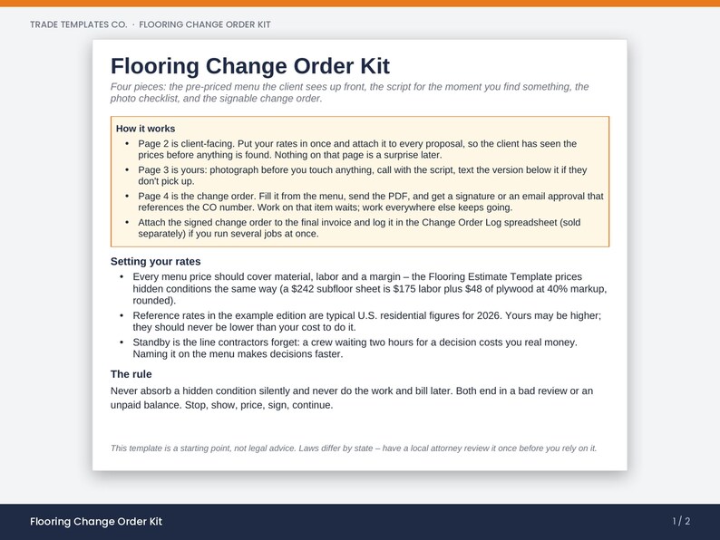 May include: A white document titled Flooring Change Order Kit from Trade Templates Co. The page outlines instructions for a four-piece kit, including a client-facing menu, a script, a photo checklist, and a signable change order form for contractors.