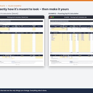May include: A digital flooring square footage calculator spreadsheet template shown in two versions: a blank template and a filled example. The layout features dark blue headers with white text, light yellow data entry cells, and white grid lines.
