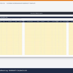 May include: A digital spreadsheet template titled Warranty Callback Log. The interface features a dark header with columns for claim number, client, job address, product, issue, category, inspector, findings, costs, status, and notes in a grid.