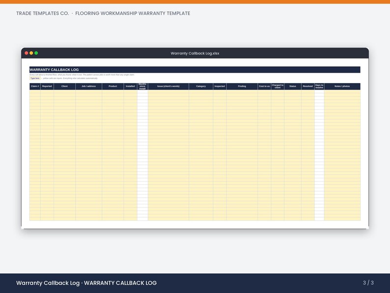 May include: A digital spreadsheet template titled Warranty Callback Log. The interface features a dark header with columns for claim number, client, job address, product, issue, category, inspector, findings, costs, status, and notes in a grid.
