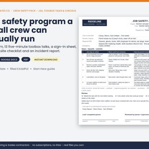 May include: A digital safety program template for construction crews featuring a Job Safety Analysis form, toolbox talks, sign-in sheet, site checklist, and incident report. The document includes text headers, a table of hazards, and controls.