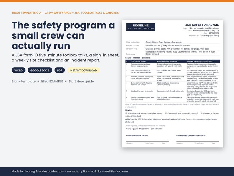 May include: A digital safety program template for construction crews featuring a Job Safety Analysis form, toolbox talks, sign-in sheet, site checklist, and incident report. The document includes text headers, a table of hazards, and controls.