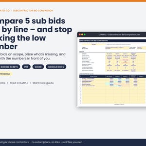 May include: A digital template for subcontractor bid comparison featuring the text Compare 5 sub bids line by line &ndash; and stop picking the low number. The graphic displays a spreadsheet example with columns for project details, pricing, and vendor data.