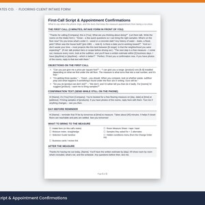May include: A white document titled Trade Templates Co. Flooring Client Intake Form, featuring a First-Call Script & Appointment Confirmations. The text outlines procedures for initial calls, handling objections, confirmation texts, and reminders.