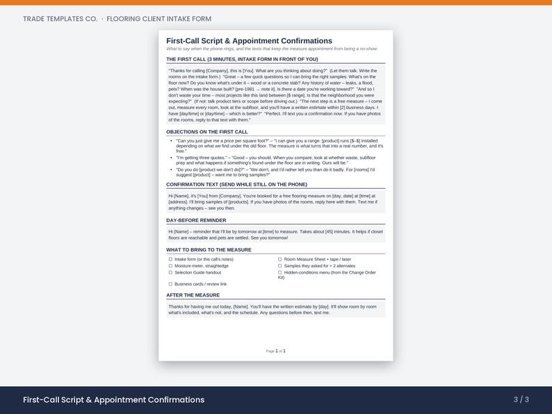 May include: A white document titled Trade Templates Co. Flooring Client Intake Form, featuring a First-Call Script & Appointment Confirmations. The text outlines procedures for initial calls, handling objections, confirmation texts, and reminders.