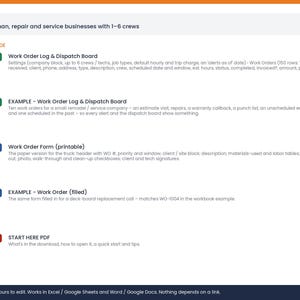 May include: A digital business management template set for handyman and repair services. Includes a Work Order Log and Dispatch Board in XLSX, a printable Work Order Form in DOCX and PDF, and a Start Here PDF guide for setup and operational tips.