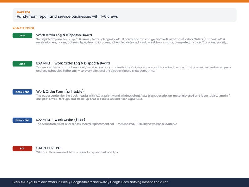 May include: A digital business management template set for handyman and repair services. Includes a Work Order Log and Dispatch Board in XLSX, a printable Work Order Form in DOCX and PDF, and a Start Here PDF guide for setup and operational tips.