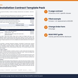 May include: An HVAC Installation Contract Template Pack featuring a 5-page contract with 18 sections, a filled example for furnace and AC replacement, a one-page Change Order Form, and a READ FIRST guide covering license, permits, and disclosure.