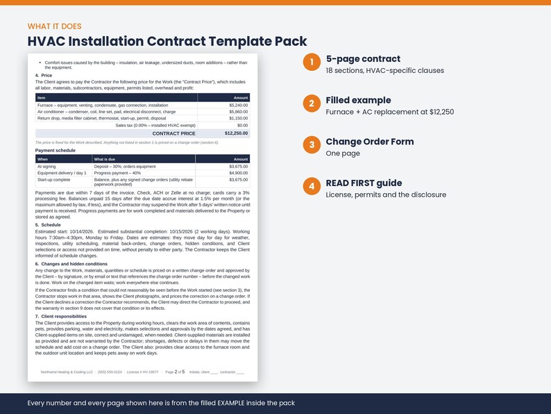 May include: An HVAC Installation Contract Template Pack featuring a 5-page contract with 18 sections, a filled example for furnace and AC replacement, a one-page Change Order Form, and a READ FIRST guide covering license, permits, and disclosure.