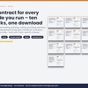 May include: A digital bundle of ten trade contract templates for flooring, remodeling, painting, roofing, plumbing, electrical, HVAC, landscaping, handyman, and deck/fence/concrete work, compatible with Excel, Google Sheets, Word, Google Docs, and PDF.