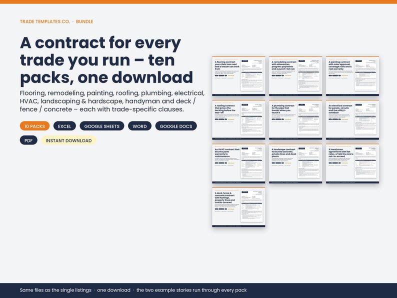 May include: A digital bundle of ten trade contract templates for flooring, remodeling, painting, roofing, plumbing, electrical, HVAC, landscaping, handyman, and deck/fence/concrete work, compatible with Excel, Google Sheets, Word, Google Docs, and PDF.