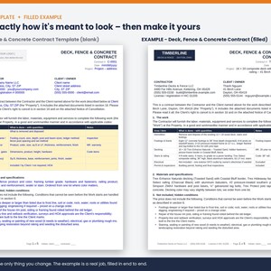 May include: A two-page document template for a Deck, Fence & Concrete Contract. The left side shows a blank form with placeholders for contractor and client details, while the right side displays a completed example with project-specific information.