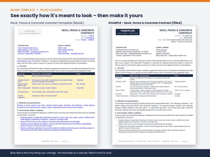 May include: A two-page document template for a Deck, Fence & Concrete Contract. The left side shows a blank form with placeholders for contractor and client details, while the right side displays a completed example with project-specific information.