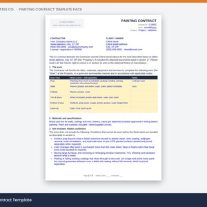 May include: A white document titled Painting Contract from Trade Templates Co. featuring sections for contractor and client information, a table detailing work items like prep, walls, and ceilings, and a list of materials and specifications.