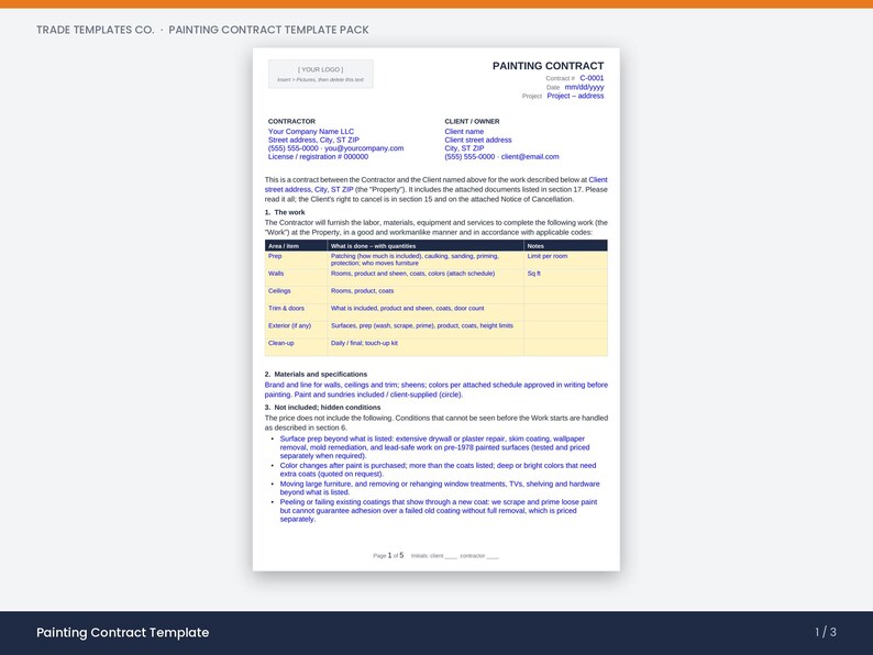 May include: A white document titled Painting Contract from Trade Templates Co. featuring sections for contractor and client information, a table detailing work items like prep, walls, and ceilings, and a list of materials and specifications.