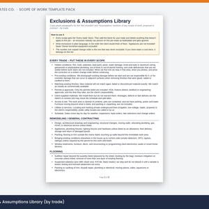 Scope of Work Template, Construction SOW, Exclusions & Assumptions Library, Short Form, Word Google Docs PDF image 7