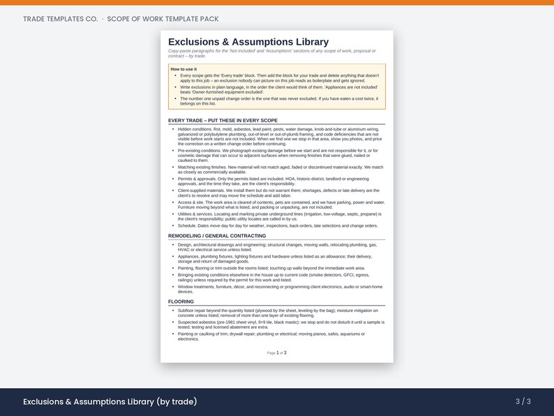 Scope of Work Template, Construction SOW, Exclusions & Assumptions Library, Short Form, Word Google Docs PDF image 7