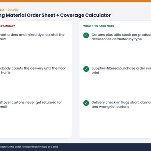 May include: A digital document titled Flooring Material Order Sheet + Coverage Calculator. It features two columns: Sounds Familiar with three red X icons listing common issues, and What This Pack Fixes with three green check icons listing solutions.