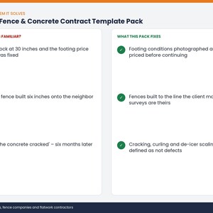 May include: A digital document titled Deck, Fence & Concrete Contract Template Pack. It features two columns: Sounds Familiar with red X icons listing common construction issues, and What This Fixes with green check icons providing solutions.