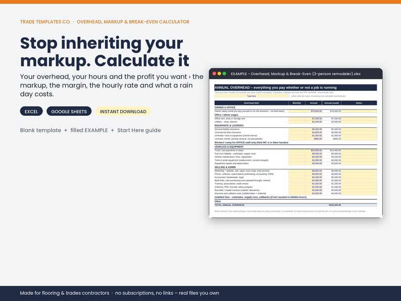 May include: A digital overhead, markup, and break-even calculator template for contractors. The interface displays text including "Stop inheriting your markup. Calculate it" and a spreadsheet preview titled "EXAMPLE - Overhead, Markup & Break-Even".