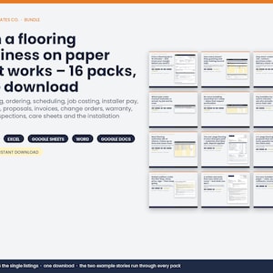 May include: A digital bundle of 16 flooring business templates including estimating, ordering, scheduling, job costing, and invoicing documents. The text reads: Run a flooring business on paper that works &ndash; 16 packs, one download. Compatible with Excel, Google Sheets, Word, Google Docs, and PDF.