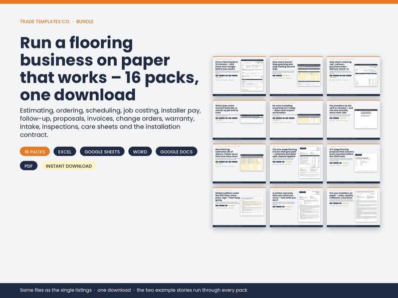 May include: A digital bundle of 16 flooring business templates including estimating, ordering, scheduling, job costing, and invoicing documents. The text reads: Run a flooring business on paper that works &ndash; 16 packs, one download. Compatible with Excel, Google Sheets, Word, Google Docs, and PDF.