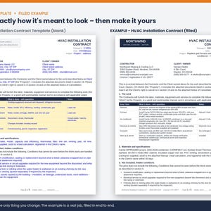 May include: Two white A4 documents titled HVAC INSTALLATION CONTRACT, one blank template and one filled example. The documents feature black text, blue headers, and tables outlining contractor and client details, work descriptions, and project specifications.