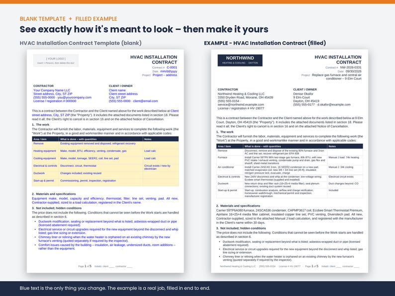 May include: Two white A4 documents titled HVAC INSTALLATION CONTRACT, one blank template and one filled example. The documents feature black text, blue headers, and tables outlining contractor and client details, work descriptions, and project specifications.