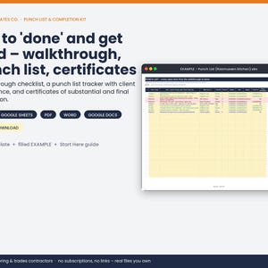 May include: A digital punch list and completion kit template for contractors, featuring a spreadsheet example on a screen. Includes text: Trade Templates Co., Punch List & Completion Kit, Get to 'done' and get paid, Excel, Google Sheets, PDF, Word, Google Docs.